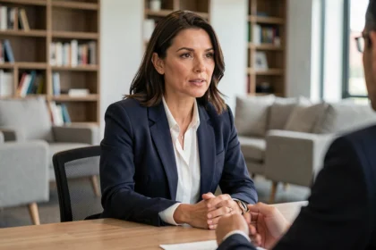 Femme professionnelle en entretien d'embauche répondant à une question sur ses qualités et défauts dans un bureau moderne