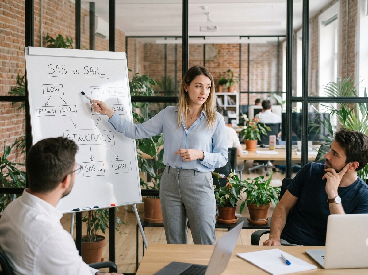 Femme en coworking expliquant les structures SAS et SARL