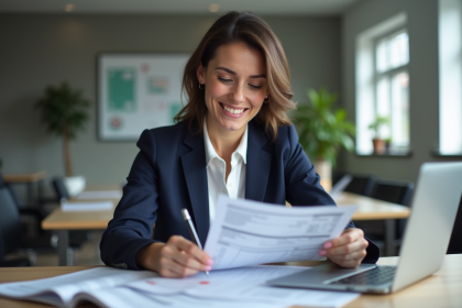 Femme d'affaires en blazer bleu examine des documents fiscaux