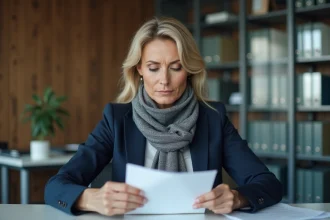 Femme en blazer lisant une lettre dans un bureau moderne