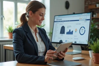 Femme confiante utilisant une tablette dans un bureau moderne