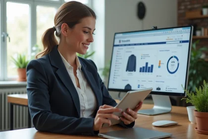 Femme confiante utilisant une tablette dans un bureau moderne