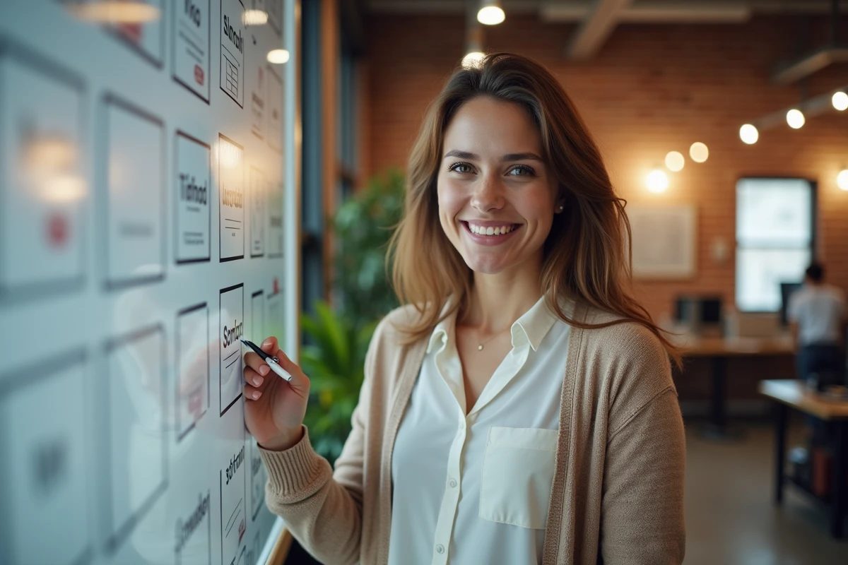 Femme organisant ses heures de travail avec tableau blanc