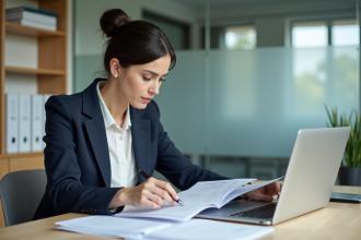 Femme en bureau organisant des papiers et documents officiels