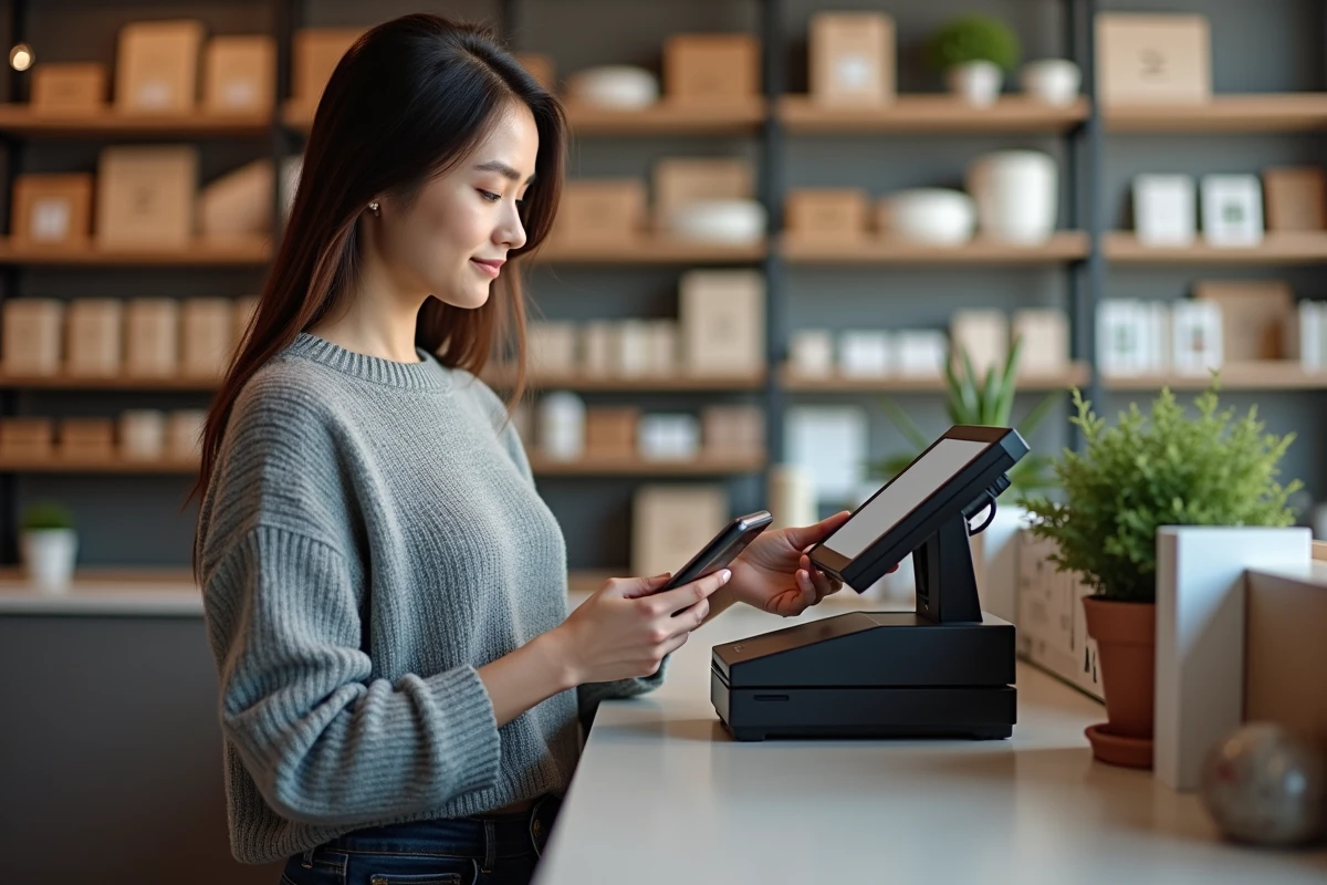 Jeune femme utilisant un terminal de paiement en boutique