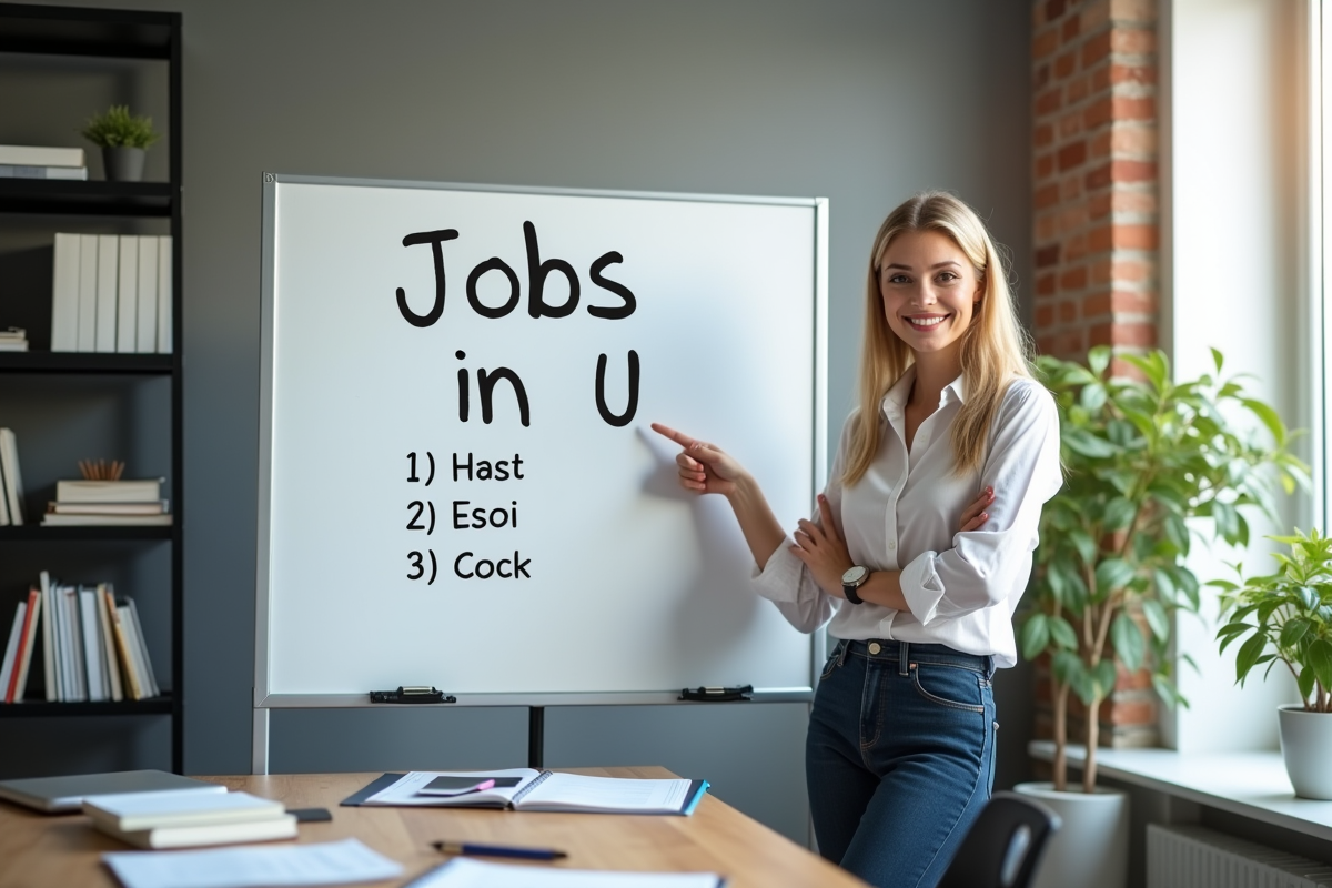 Femme confiante pointant une whiteboard avec emplois en U
