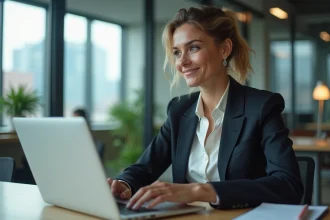 Femme confiante au bureau avec ordinateur et portfolio