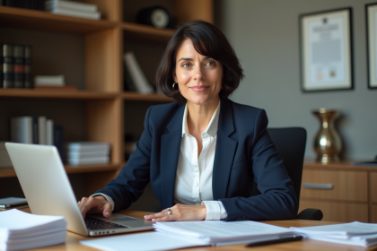 Femme confiante en bureau moderne avec documents et livres
