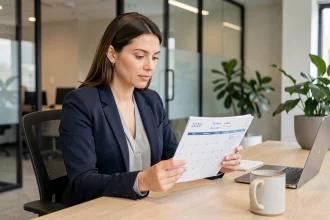 Femme professionnelle consultant un calendrier 2026 annoté pour gérer ses jours travaillés et protéger ses droits salariaux