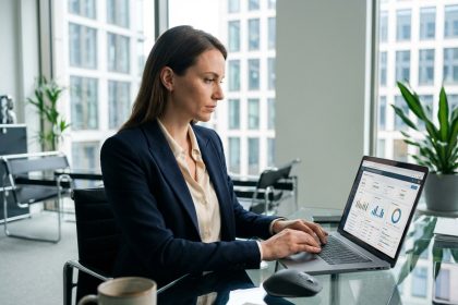 Femme professionnelle en bureau moderne avec logiciel HSE