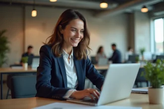 Femme professionnelle consultant la plateforme emploi B2B Orionb2b.fr sur un ordinateur portable dans un espace de coworking moderne