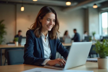 Femme professionnelle consultant la plateforme emploi B2B Orionb2b.fr sur un ordinateur portable dans un espace de coworking moderne