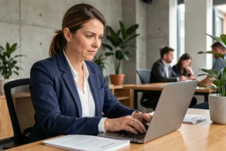 Femme professionnelle en portage salarial travaillant dans un espace de co-working moderne