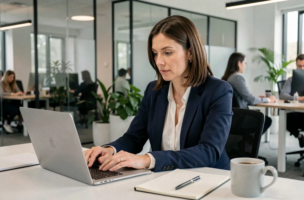 Femme professionnelle rédigeant un email de reporter rendez-vous sur son ordinateur portable dans un bureau moderne