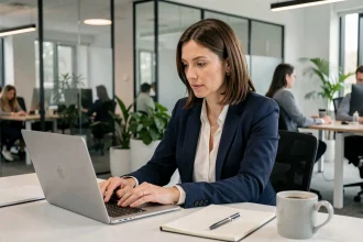 Femme professionnelle rédigeant un email de reporter rendez-vous sur son ordinateur portable dans un bureau moderne