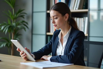 Jeune femme en blazer bleu examine un document numérique