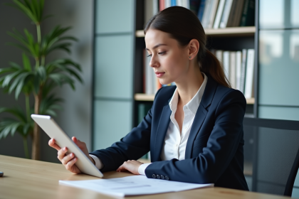 Jeune femme en blazer bleu examine un document numérique