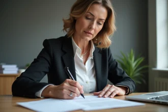 Femme professionnelle rédigeant une lettre de démission à son bureau avec soin et concentration