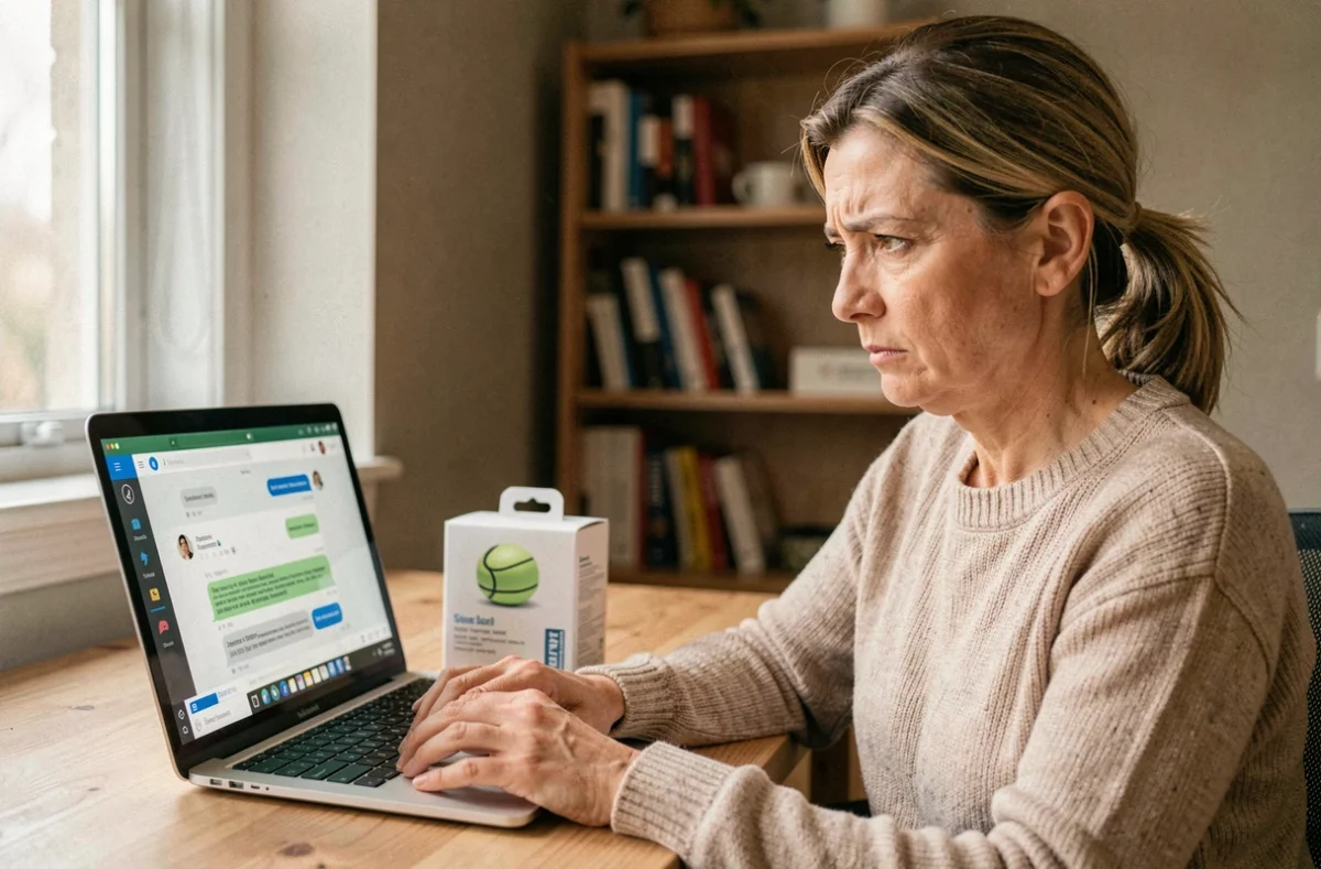 Femme contactant le service après-vente en ligne depuis son domicile pour un retour produit sport