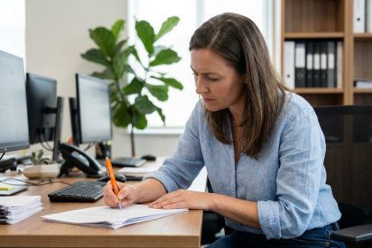 Femme signant des documents dans un bureau moderne