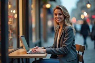 Femme souriante travaillant devant un ordinateur en ville