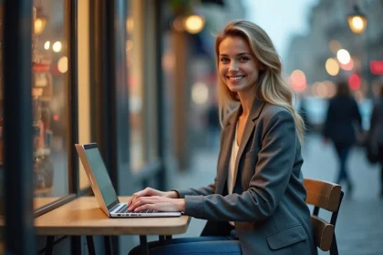 Femme souriante travaillant devant un ordinateur en ville