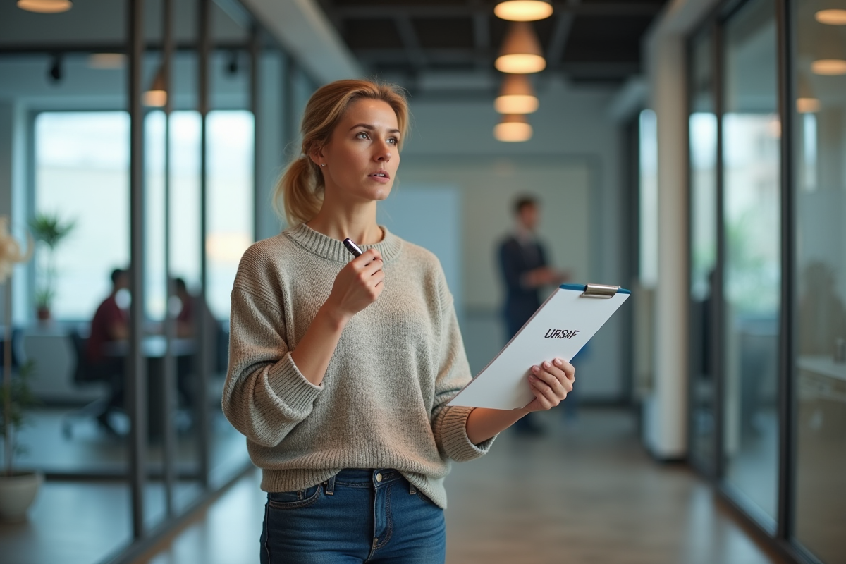 Femme française en coworking tenant document URSSAF