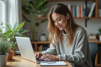 Jeune femme concentrée travaillant sur son ordinateur dans un bureau lumineux