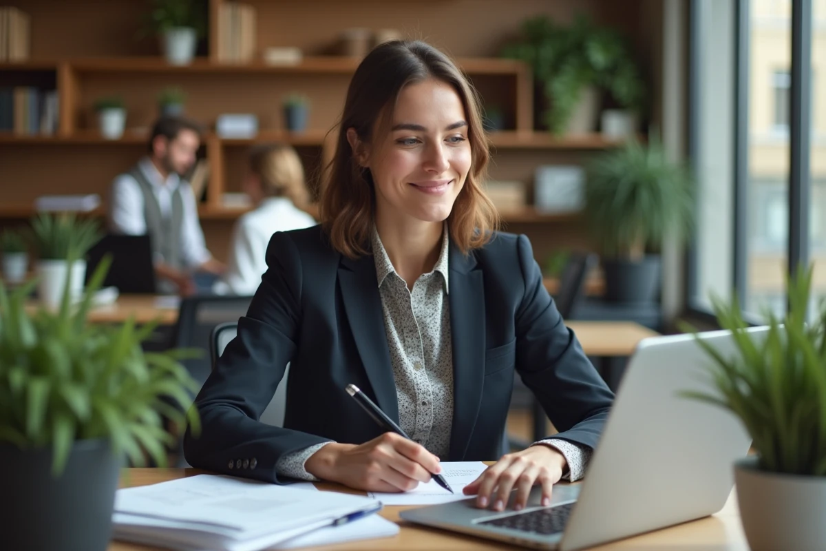 Jeune femme au bureau tapant un message dadieu sur son ordinateur