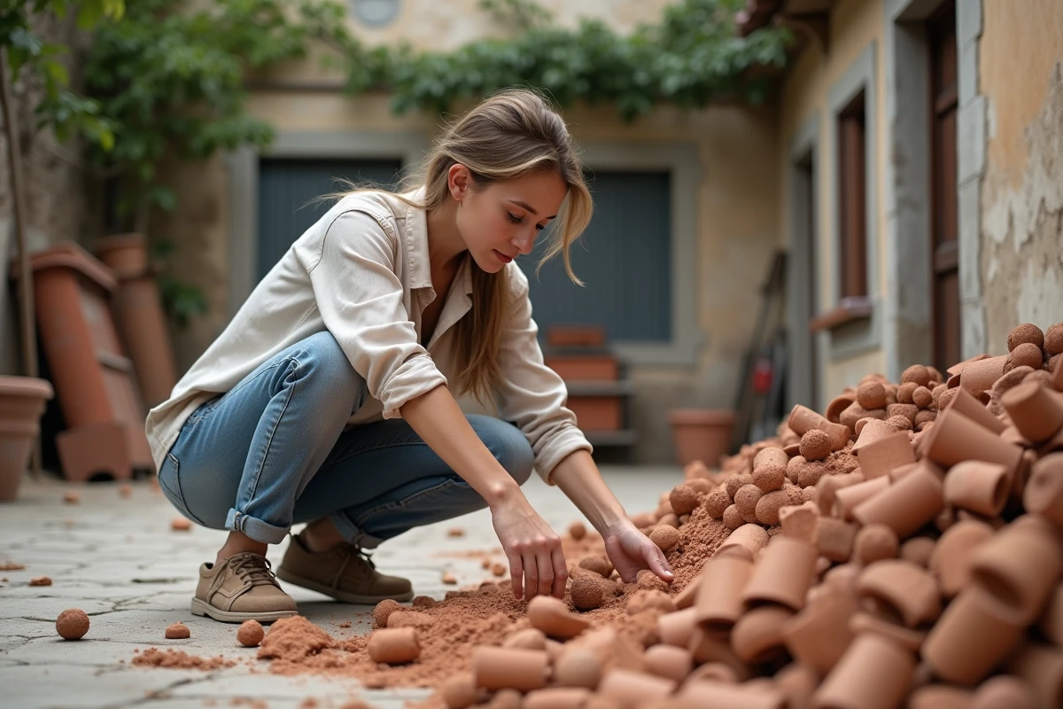 Jeune femme trie des tuiles en terre cuite dans un cour rural