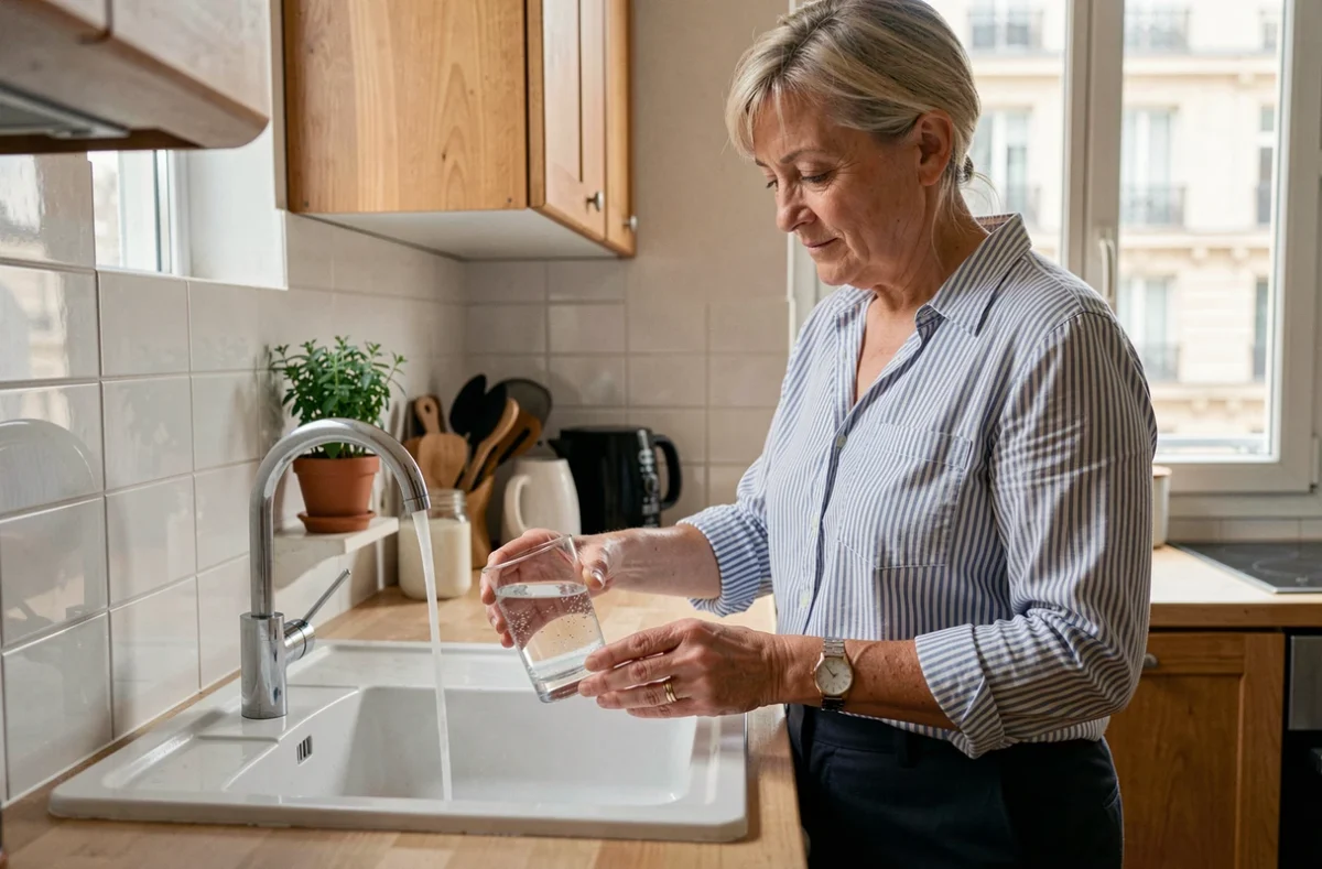Femme remplissant un verre d'eau du robinet dans une cuisine d'appartement parisien