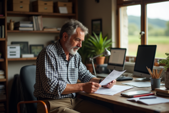 Fermier français examinant un dossier dans son bureau rustique
