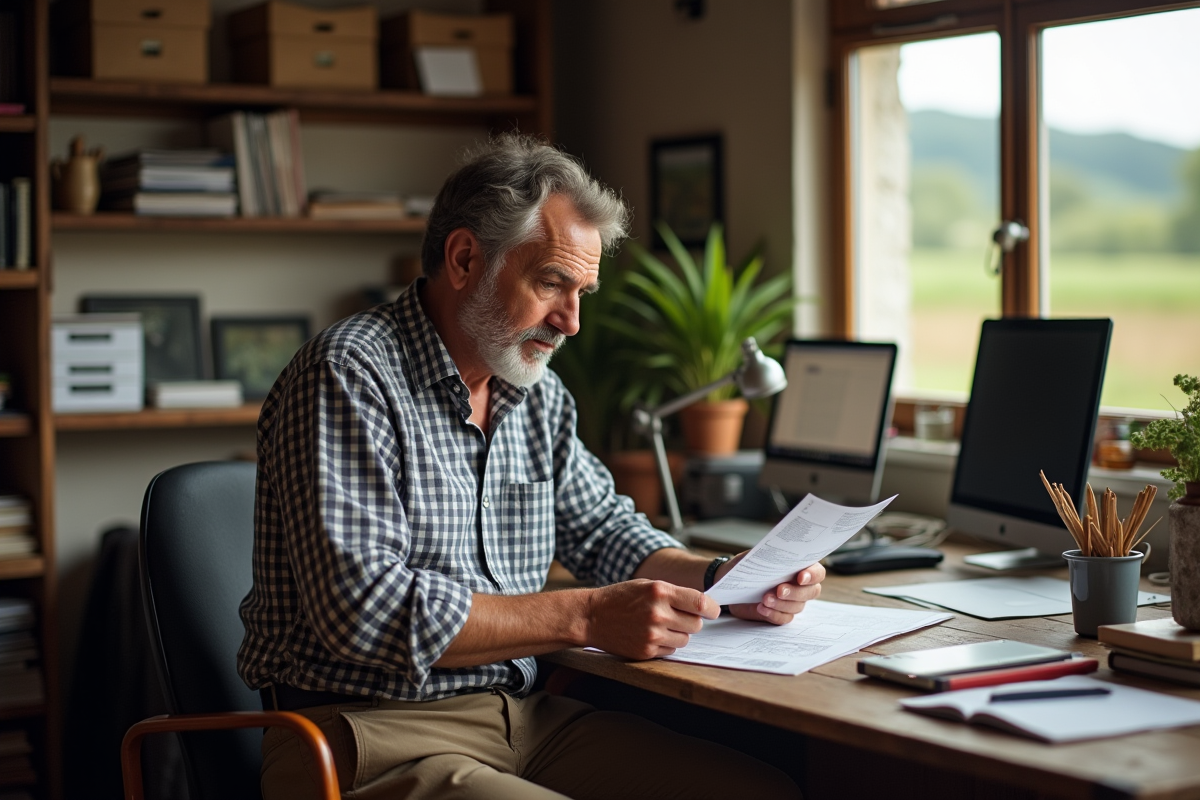 Fermier français examinant un dossier dans son bureau rustique