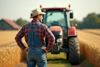 Fermeur avec tracteur dans un champ de blé doré