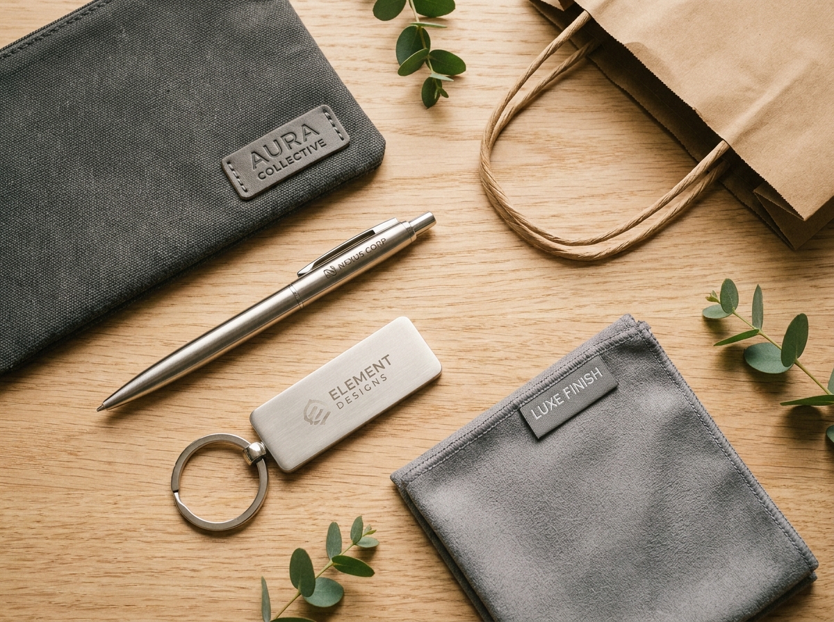 Flat lay de cadeaux utiles personnalisés pour la fidélisation client, stylo carnet pochette et porte-clés avec logo discret sur fond en bois clair