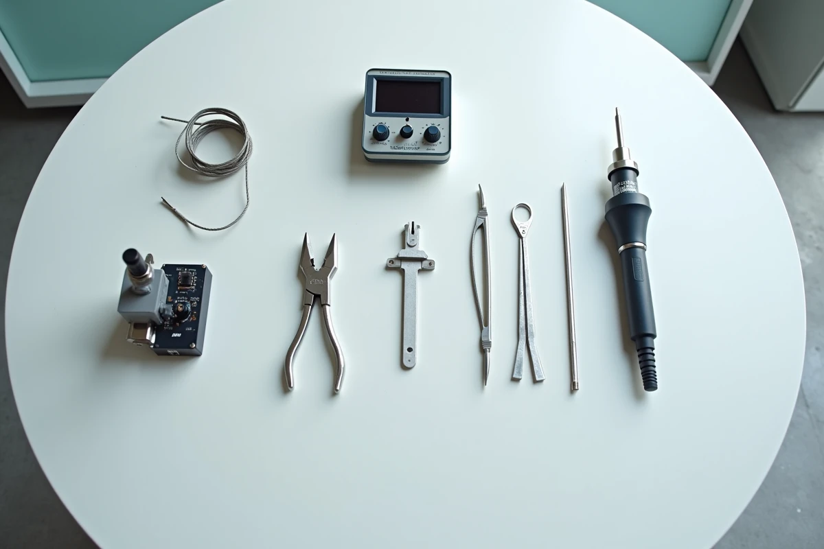 Vue à plat des outils essentiels pour atelier électronique éducatif : fer à souder, oscilloscope, pinces et alimentation de laboratoire