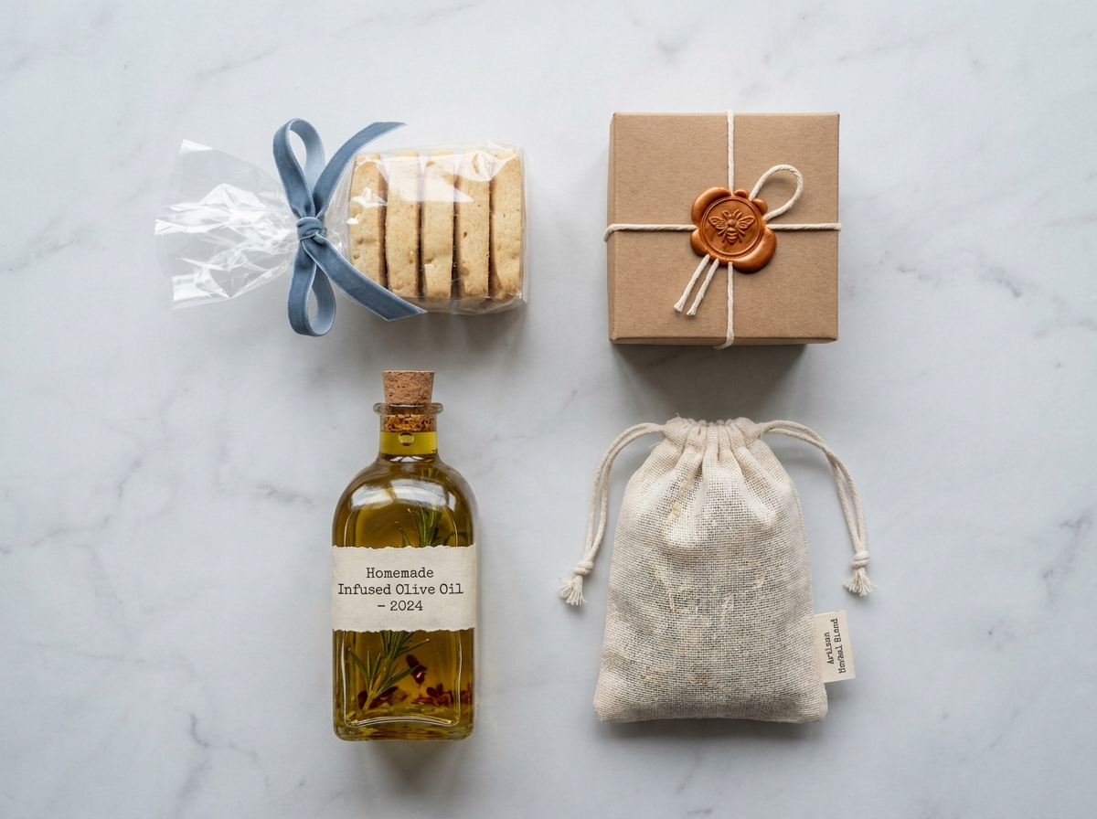 Vue de dessus de quatre préparations maison emballées élégamment sur marbre gris : biscuits, granola, huile infusée et tisane en sachets