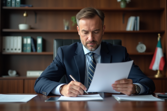 Homme fonctionnaire lisant une circulaire officielle dans un bureau