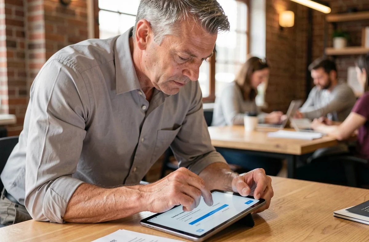 Entrepreneur complétant un formulaire d'inscription en ligne à un cercle B2B sur tablette dans un espace de coworking