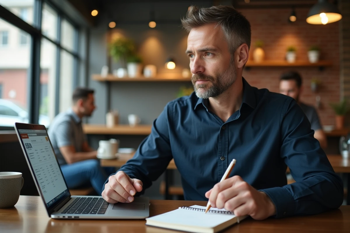 Freelance travaillant sur une facture numérique avec mentions légales dans un café co-working