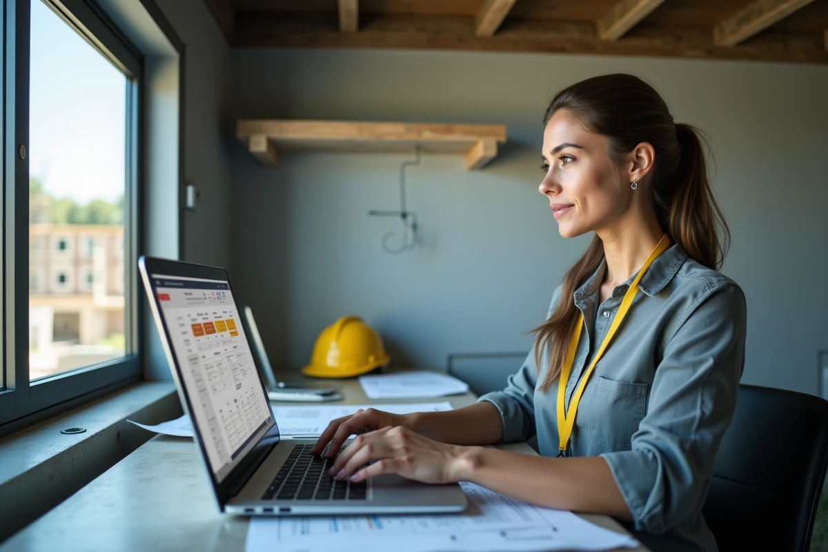 Gérante d'une petite entreprise de bâtiment utilisant un logiciel de gestion BTP sur ordinateur portable dans un bureau de chantier