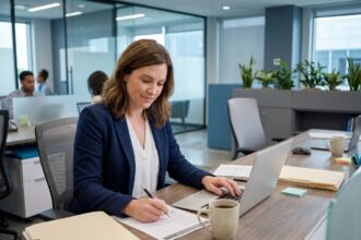 Responsable RH réduisant la charge administrative liée à la gestion des intérimaires dans un bureau moderne