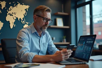 Manager logistique en bureau surveillant un tableau de bord cargo