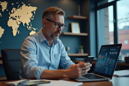 Manager logistique en bureau surveillant un tableau de bord cargo