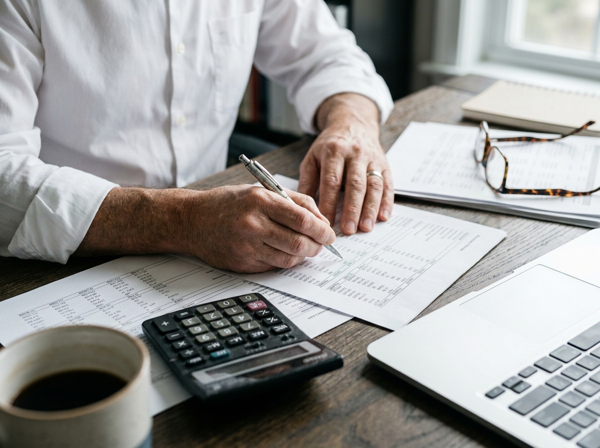 Gros plan sur les mains d'un expert-comptable annotant des états financiers imprimés sur un bureau en bois