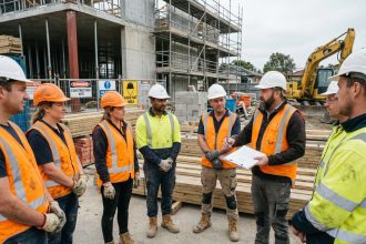 Groupe de travailleurs du bâtiment en discussion sur le chantier