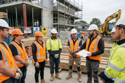 Groupe de travailleurs du bâtiment en discussion sur le chantier