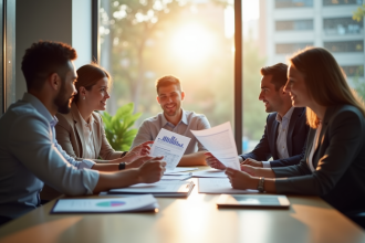 Groupe de collègues analysant des documents financiers en réunion