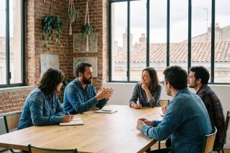 Groupe de personnes discutant en anglais dans une salle à Bordeaux