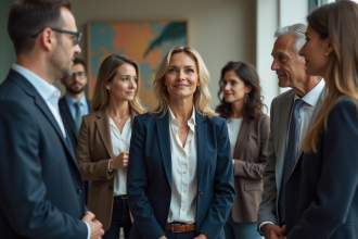 Groupe de professionnels divers dans un hall moderne